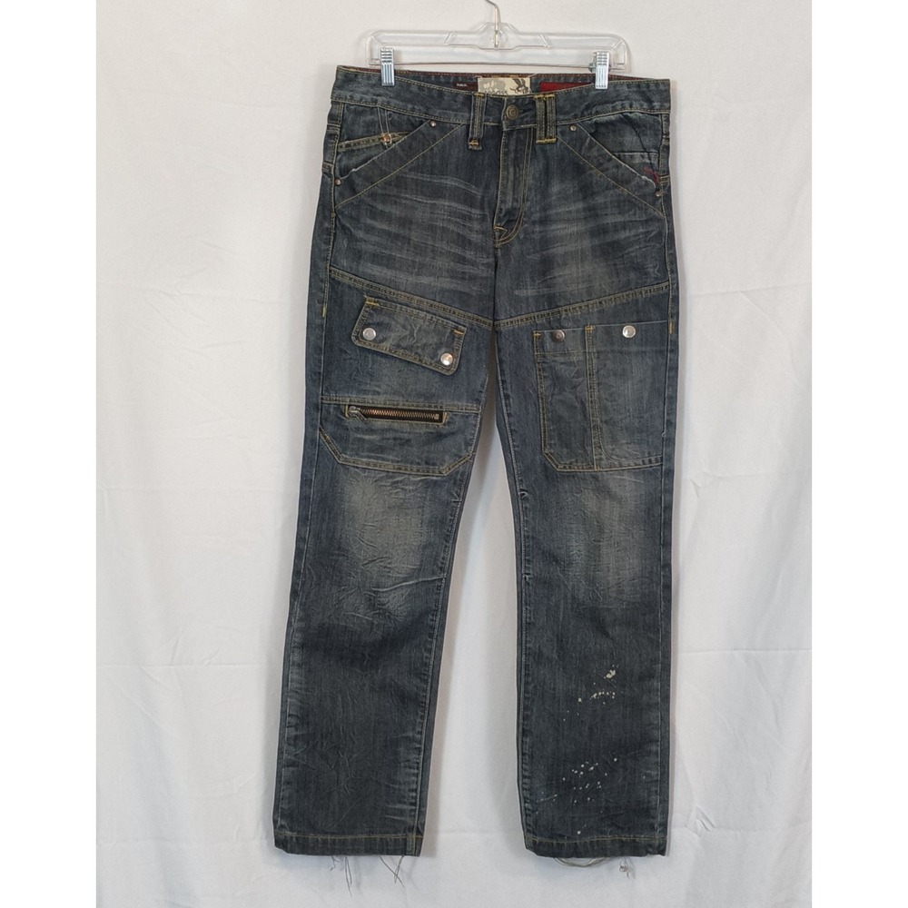 Y2K Style  Vigoss‎ Mens 34x33(32) Cargo Moto Jeans Pockets Distressing Thrashed